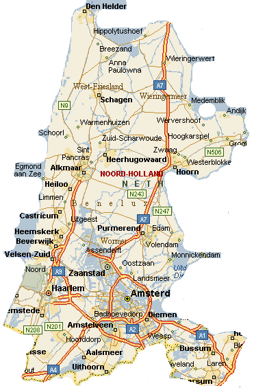 Kaart van Noord-Holland met steden en regio's